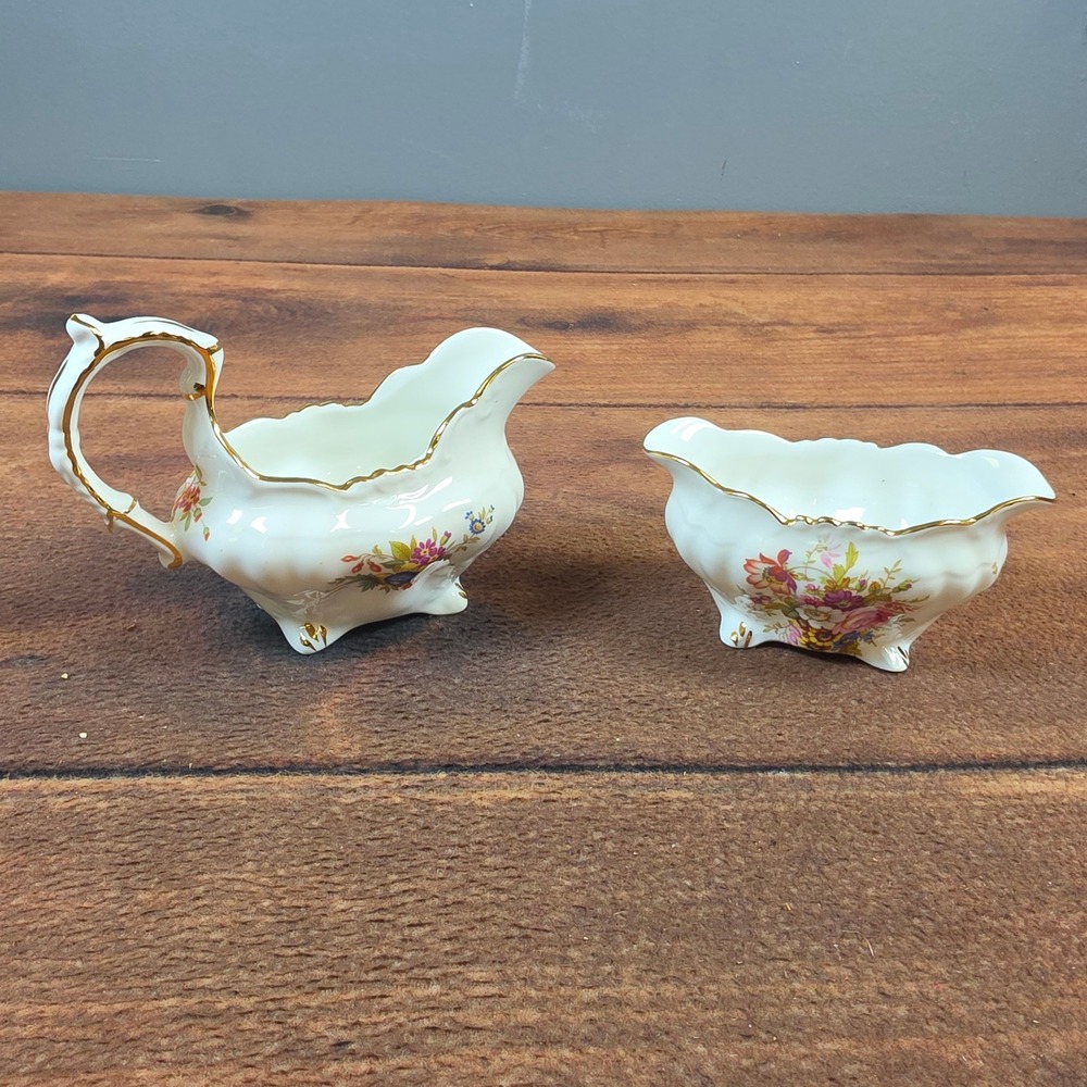 Hammersley Creamer and Sugar Bowl Set White Excellent Floral Gold Trim Footed